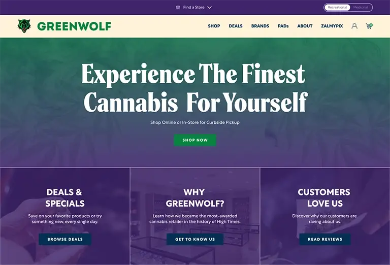 Homepage for Greenwolf Cannabis