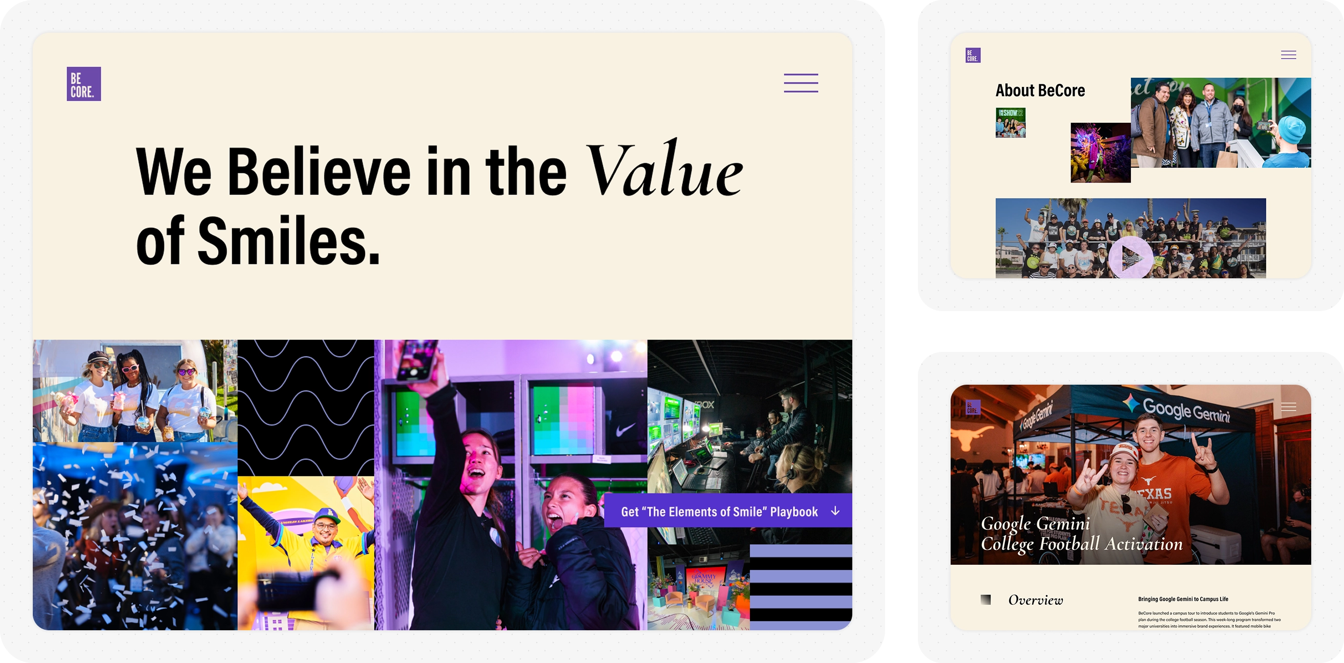 Example screens from BeCore's redesign