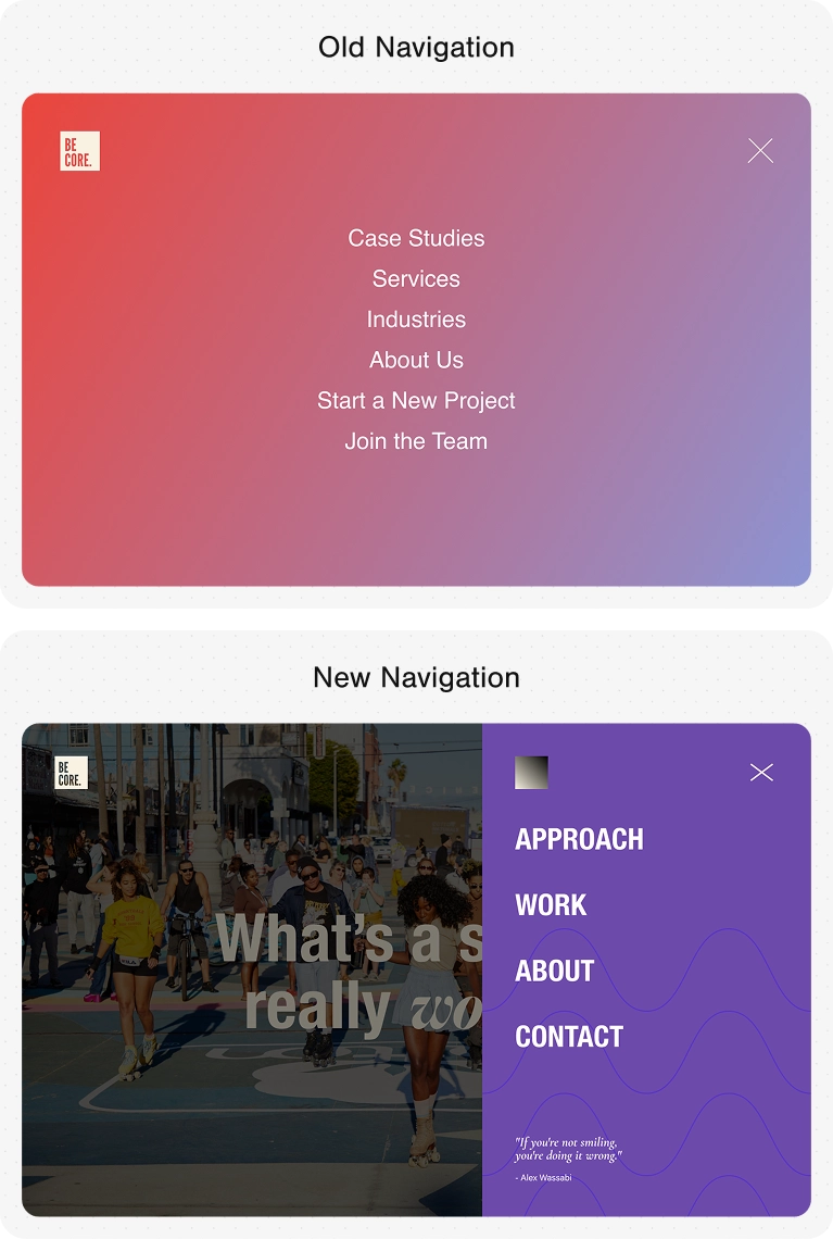 Comparing BeCore's old and new navigation