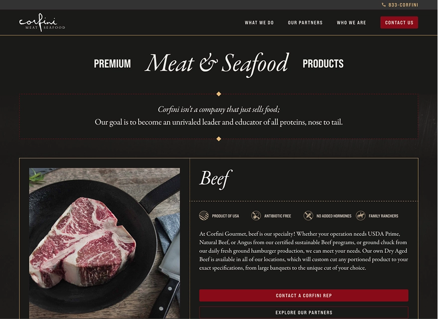 A page showing information on Corfini's product offering