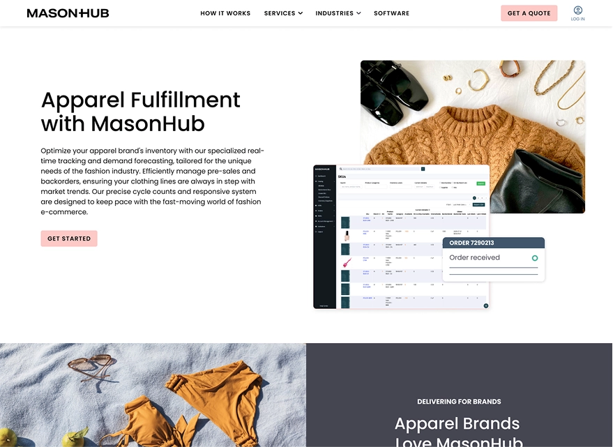 A mockup of MasonHub's apparel fulfillment landing page