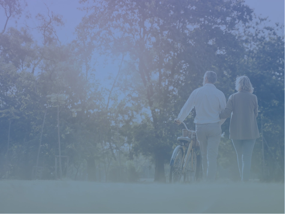 A couple walks through a park together