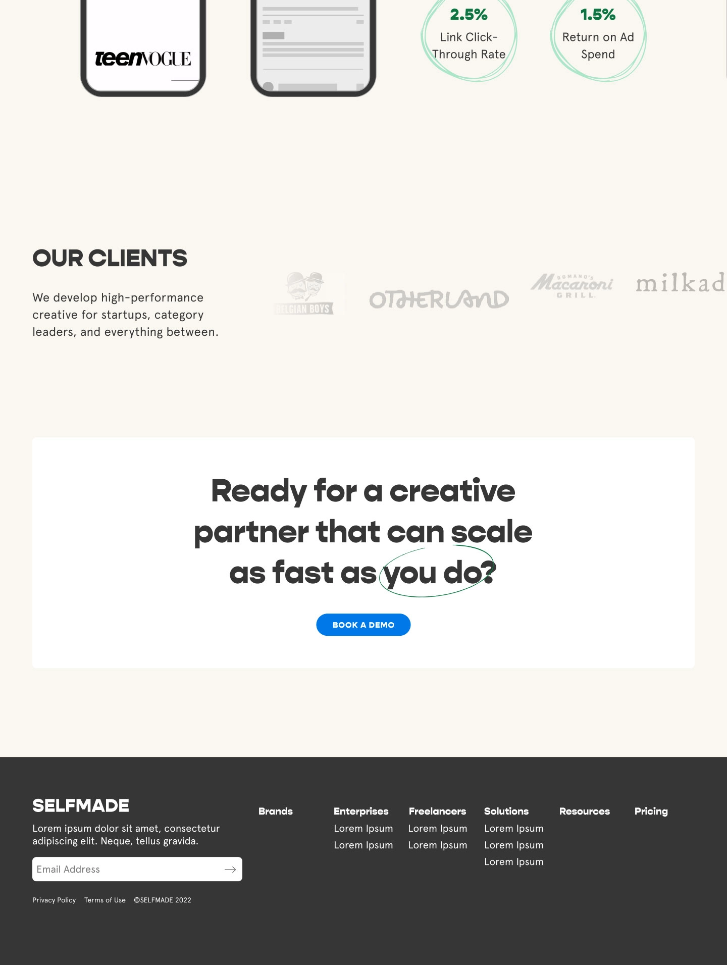 Selfmade landing page block five